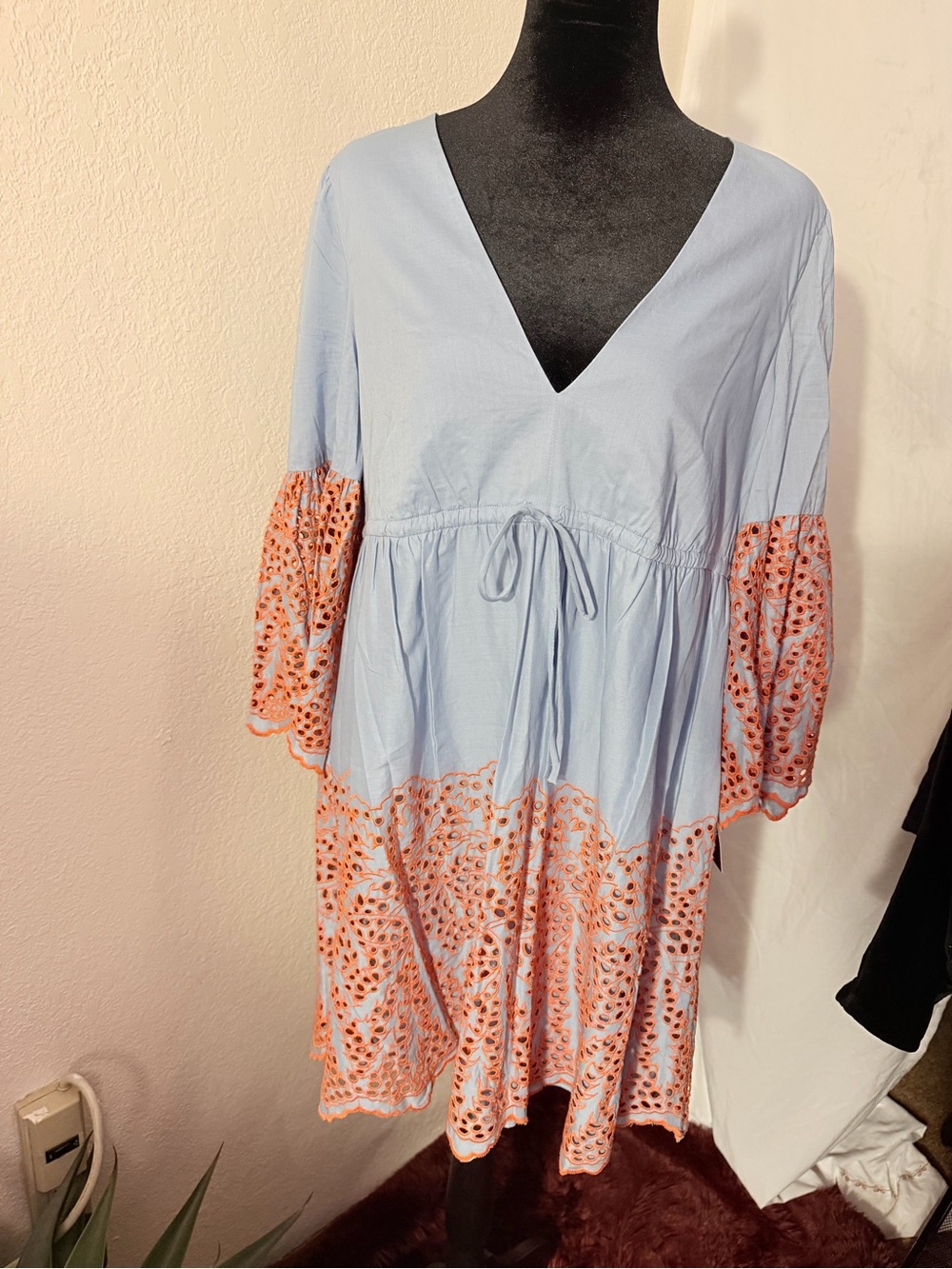New Bcbg Light Blue and Coral Eyelet V-Neck Bell Sleeve Open Back Dress